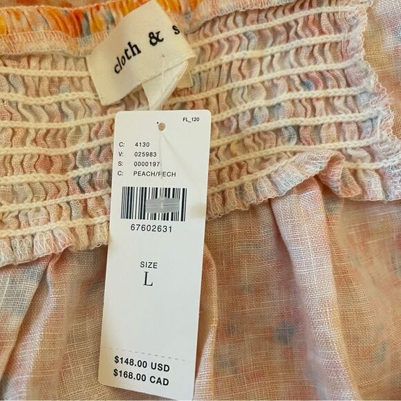 Cloth & Stone Linen Smocked Mini Dress Floral Ruffle L NWT - Picture 6 of 6